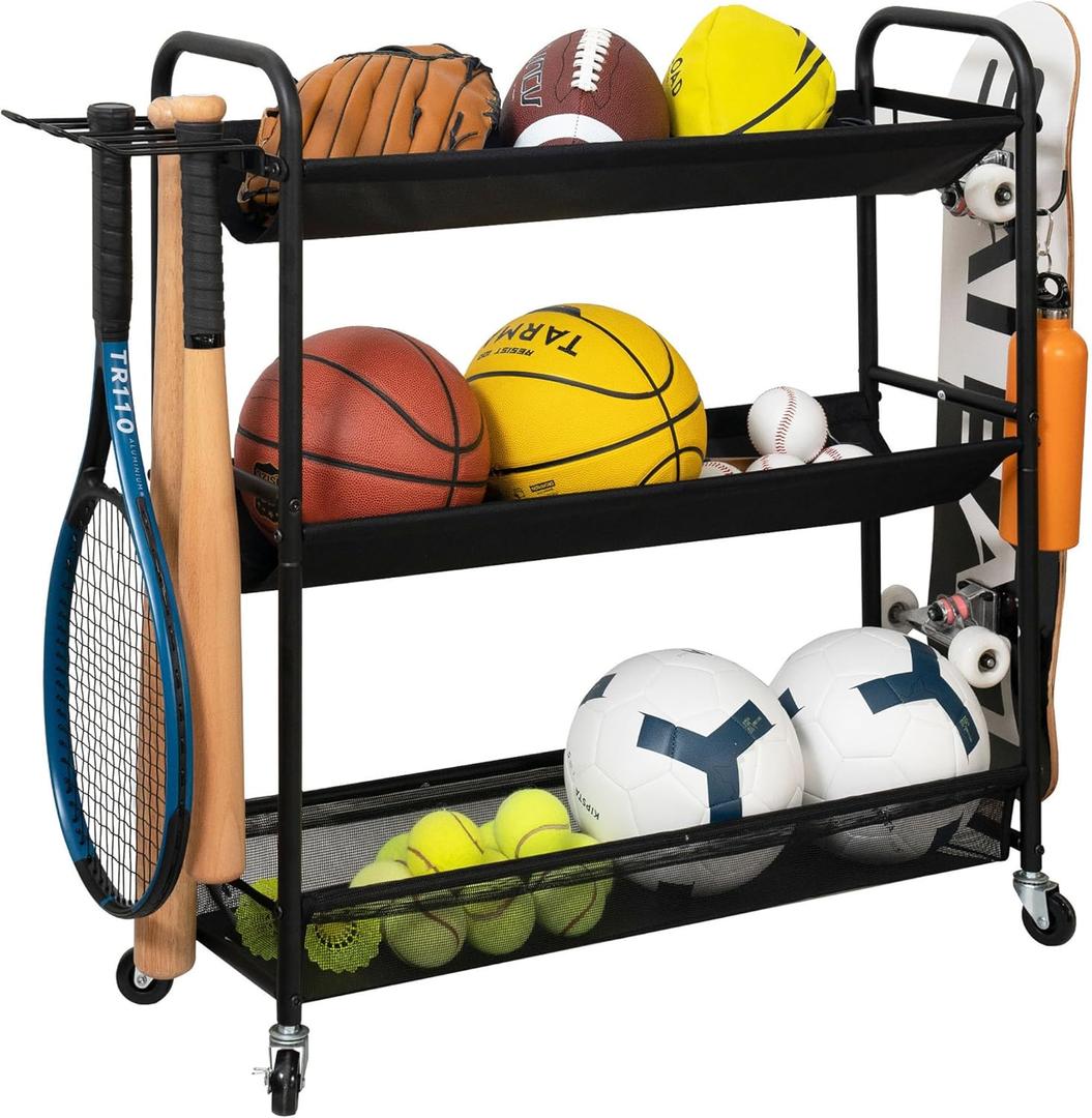 STORAGE MANIAC Basketball Rack 3-Shelf Training Stand Ball Holder Sports Ball Cart Garage Organizer Ball Basket Storage, Ball Rack for Garage or Gym, Indoor & Outdoor Sports Equipment Organizer