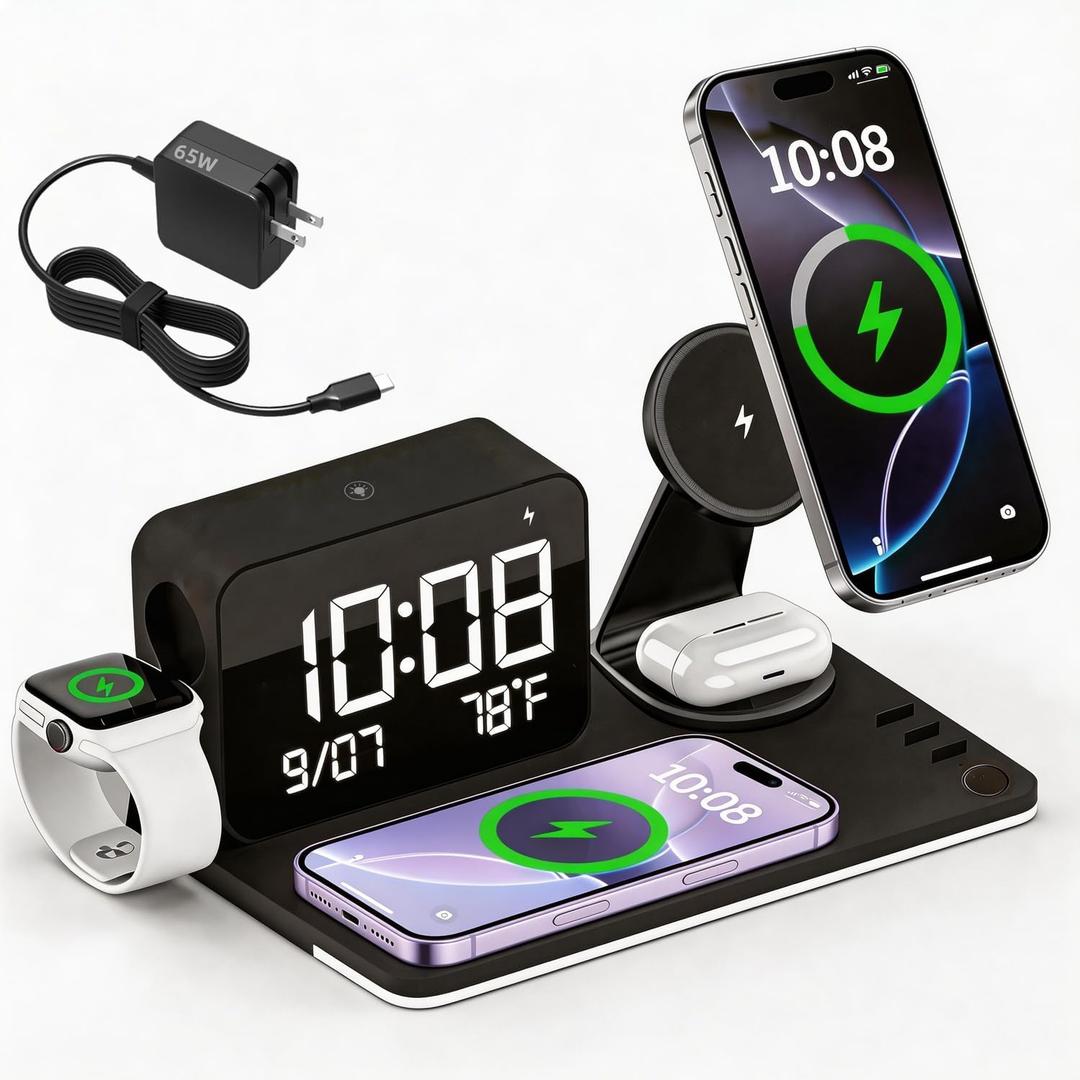 MagCharge 7-in-1 Magnetic Wireless Charging Station, 25W Rotatable Stand, Dimmable Ambient, Bluetooth Clock, 65W Adapter Included, for iPhone 17/16/15, Apple Watch, AirPods, Bedside Desk Charger