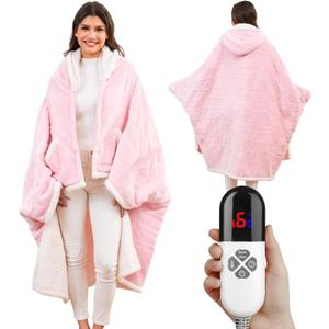 Klaggie Heated Shawl Wraps for Women, Wearable Heated Throw Blanket, Electric Heated Wrap Poncho with Pockets,6 Heating Levels 4 Hours Auto-Off, Overheat Protection Machine Washable, 50x64, Pink