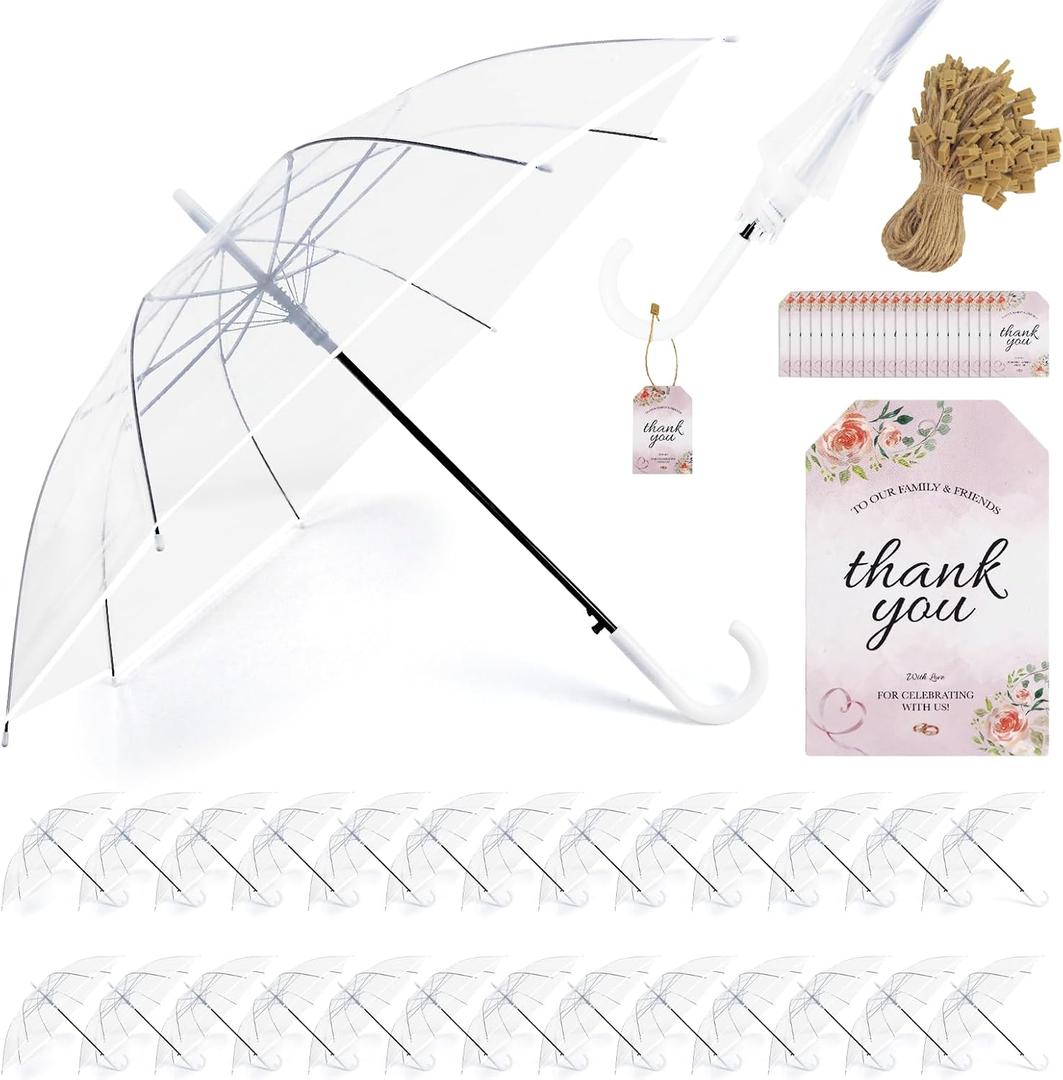 30 Pack Clear Umbrella Wedding, Auto Open Transparent Stick Umbrella with White J Hook Handle, Windproof Waterproof Large Canopy Umbrella for Bride Groom Photography Golf Outdoor Events