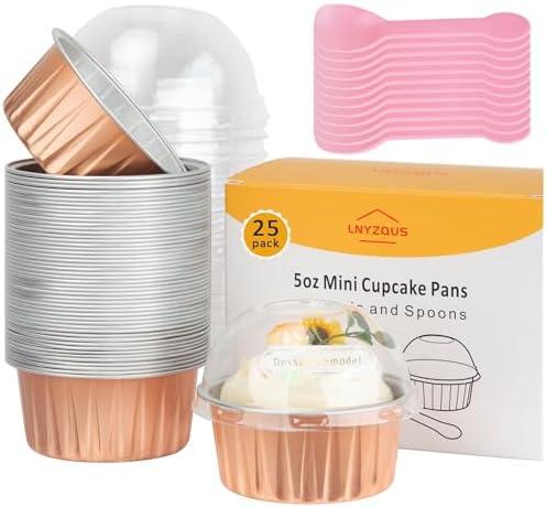 LNYZQUS 5oz Cupcake Baking Cups with Lids 25 Pack, Foil Muffin Tin Mini Cake Pans Small Cupcake Containers, Disposable Creme Brulee Ramekins Liners for Bake Sales Wedding-Champagne