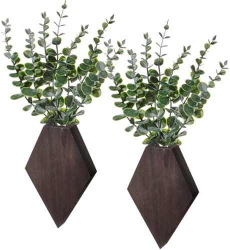 Chunful 2 Pcs Wooden Wall Planter Decor Hanging Fake Plants Greenery Flowers Holder Vase Boxes for Wall Farmhouse Bohemian Living Room Bedroom Kitchen Office Indoor Decoration (Brown)