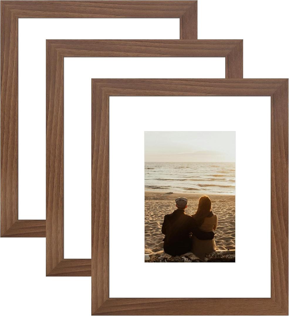 YESKAY 8x10 Picture Frame 3 Pack,Brown Wooden Frame with Tempered Glass,Display Pictures 5x7 with Mat or 8 x 10 Without Mat,8 by 10 Photo Frame for Wall or Tabletop