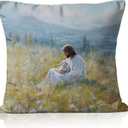 Christian Jesus and Lamb Easter Pillow Cover 18x18, Religious Easter Decor, Jesus Leaves The 99 Sheep Decorative Throw Pillow Cover Case for Prayer Home Bed Couch Sofa Living Room