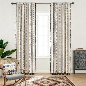 Coral Fish Boho Curtains with Black Geometric Pattern Bohemian Window Treatments with Tassels Fringe for Kitchen Bathroom Light-Filtering Privacy Cotton Drapes, Rod Pocket, 59''W x 63''L, 2 Panels