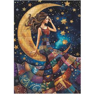 Pretty Women Patch Puzzles for Adults 1000 Pieces, Beautiful Quilt Sewing Art Challenging Jigsaw Puzzles, Colorful Moon Stars Aesthetic Impossible Hard Difficult Puzzle