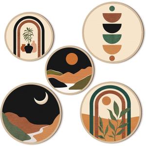 Qunclay 5 Pcs Wall Art Decor Wooden Living Room Wall Decor Bohemian Hanging Farmhouse Geometric 10'' and 8'' Aesthetic Wood Minimalist Posters for Bedroom(Sunset)