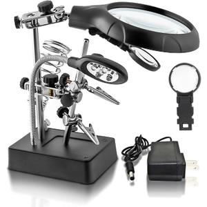Desktop LED Lighted Magnifying Glass Soldering Station, mlogiroa Adjustable Helping Hands Magnifier 2.5X 7.5X 10X Magnifying Glass Magnifier Station with LED Light and Alligator Clips for Soldering