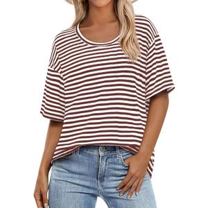 Womens Short Sleeve Striped Shirts Summer Casual Scoop Neck Oversized Tshirts Color Block Basic Tee (Small, White and Brown)