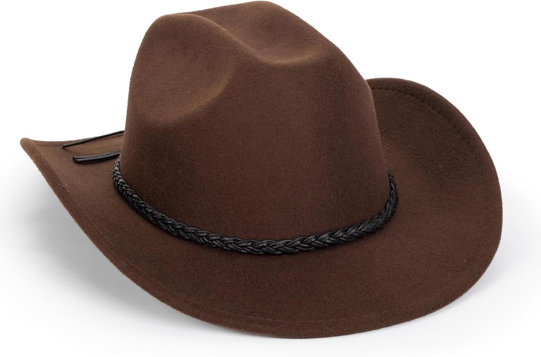 Classic-Western-Cowboy-Hat Upturn-Brim Felt-Cowgirl-Hat Rodeo-Hats with Belt for Women Men (Fit for 22.4-23.2") (Brown)