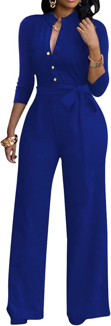 LalaLin Sexy 3/4 Sleeve Jumpsuit for Women V Neck High Waisted Long Wide Leg Pant Button Down Party Romper with Belt (Medium)