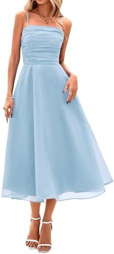 PRETTYGARDEN Womens Summer Dresses 2025 Spaghetti Strap Sleeveless Smocked Flowy Midi Wedding Guest Dress with Pockets(Light Blue, Large)