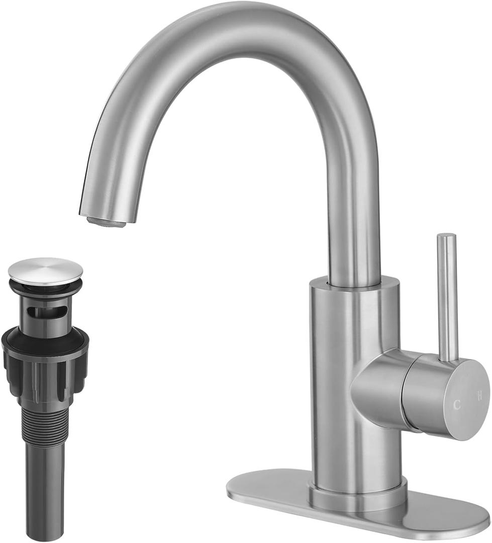 VOTON Bar Sink Faucet, Bathroom Kitchen 360 Rotatable Faucet, Brushed Nickel Single Hole Bathroom Faucets Modern Small Mini Kitchen Bath Utility Vanity Outdoor Lavatory Faucets