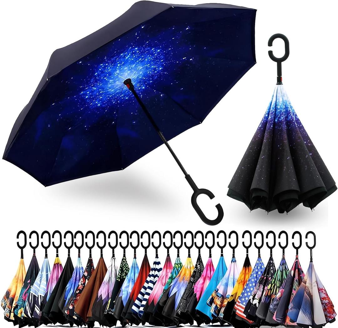 SIEPASA 49 Inch Inverted Reverse Upside Down Umbrella, Extra Large Double Canopy Vented Windproof Waterproof Stick Golf Umbrellas with C-shape Handle.