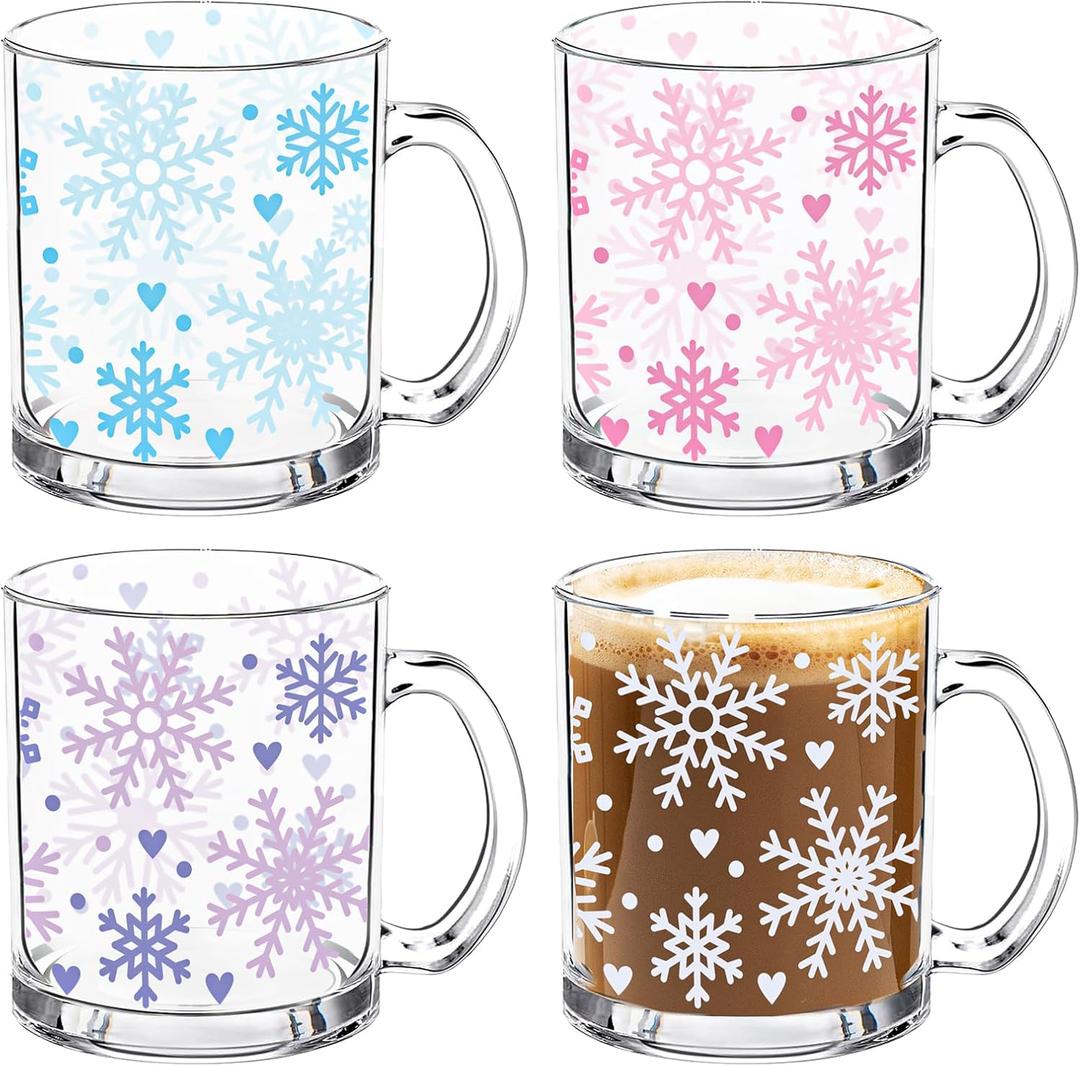 Whaline 4Pcs Christmas Snowflake Glass Coffee Mug Set 12 Oz Winter Snowflake Glass Cups with Handle Xmas Winter Holiday Gifts Clear Drinking Wine Beverage Glasses for Hot Cold Drinks Water Tea Milk