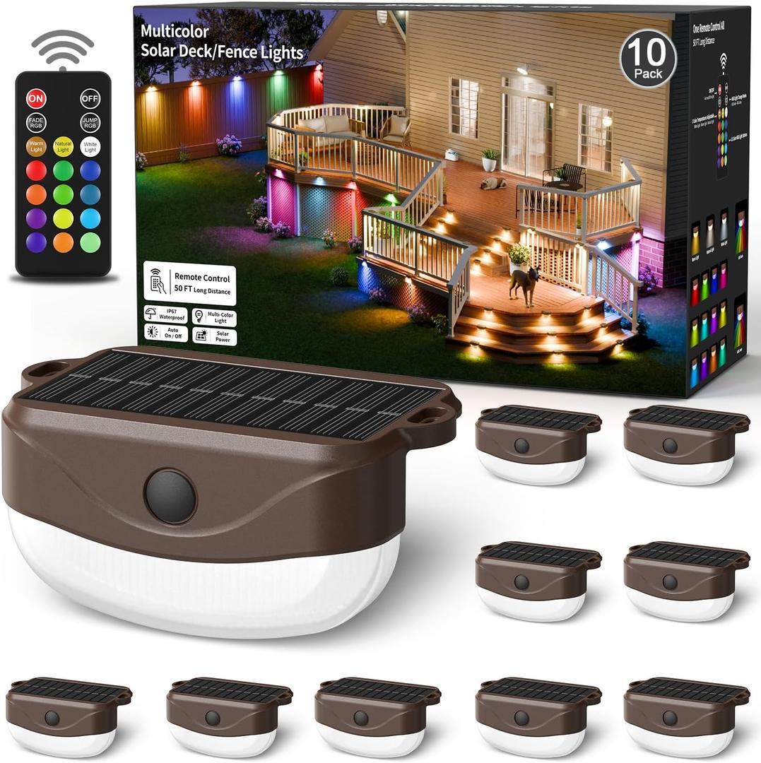 Solar Fence Lights with Remote Control 50ft,15 Multi Colors Solar Powered Outdoor Step Lighting,IP67 Waterproof Led RGBYW Colors Lamp for Outside Fence/Deck/Backyard/Stair Railing/Wall/Patio/Pool (10 Pack, Brown)