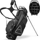 14-Way Golf Stand Bag, Full Length Premium PU Leather Golf Bag with Plush Top, Magnetic Pocket, Dual Strap and Rain Cover for Men (Black)