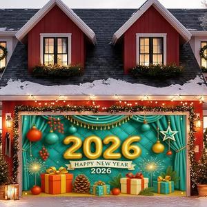HOMETITUTE Happy New Year Banner 13x6ft Happy New Year 2026 Garage Door Banner Holiday Decor Backdrop New Years Eve Garage Door Cover Decoration for Celebration Party Indoor Outdoor House Wall Background