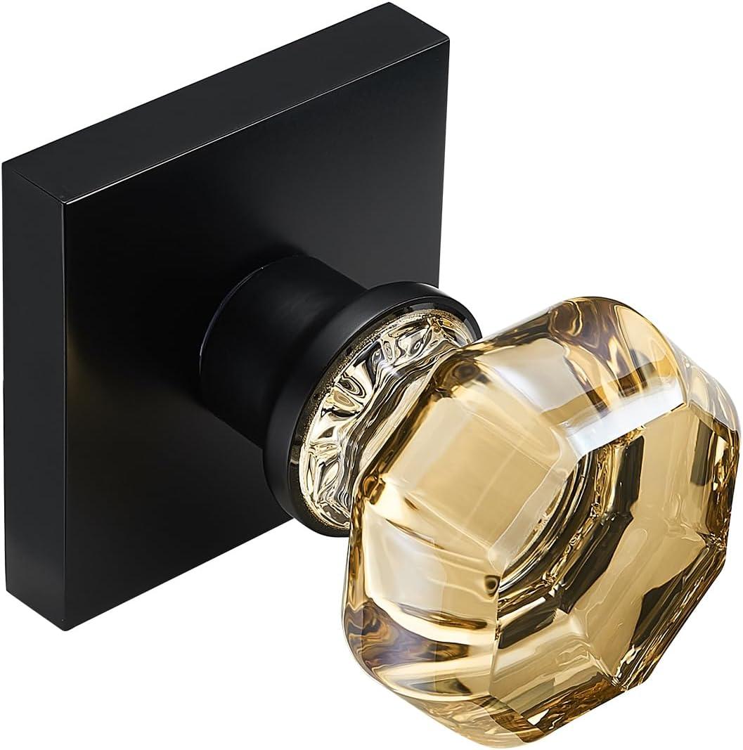 Champagne Gold Dummy Door Knob Set  2 Pack Crystal Decorative Non-Turning Handles with Matte Black Square Rosette  Ideal for Closet, French Doors, Pantry, Cabinet