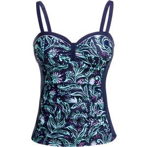 Talisea Women's Underwire Tankini Top Only Tummy Control Swimsuit Top Push Up Bathing Suit Top No Bottom Blue Flower L
