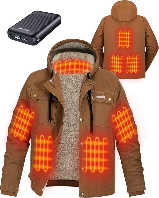 GOTOBI Men's Heated Jacket with 12V 18400mAh Battery Pack, Winter Thermal Hooded Work Coat for Men with Sherpa Lining