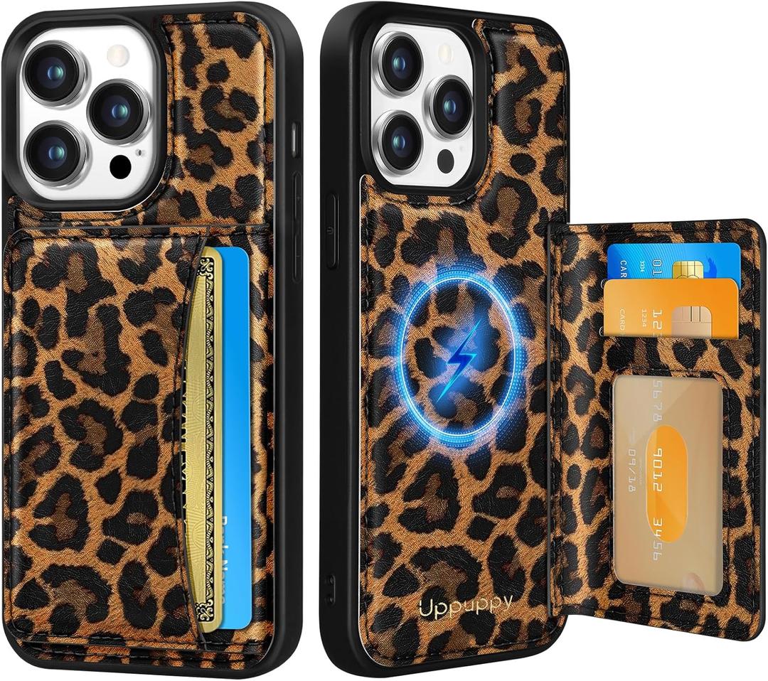 Uppuppy for iPhone 12 Pro Max Case with Wallet - Fits 4 Card Slots, Compatible with MagSafe for Women Aesthetic Durable PU Leather Credit Card Holder Kickstand Phone Cover for Apple 12 Promax, Leopard