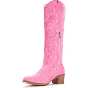 IUV Cowboy Boots For Women Knee High Western Cowgirl Boots Snip Toe Side Zipper Chunky Heel (8, Pink)