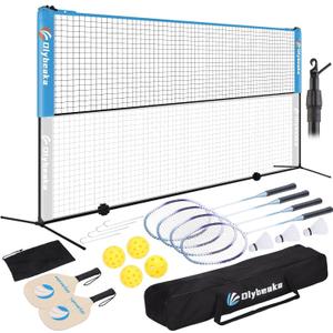 17FT Portable Pickleball Badminton Net Set Outdoor, Height Adjustable Multi Sports Net Set for Backyards Driveway with 4 Aluminum Rackets, 2 Pickle Paddles and Carry Bag, Easy Set Up & Durable