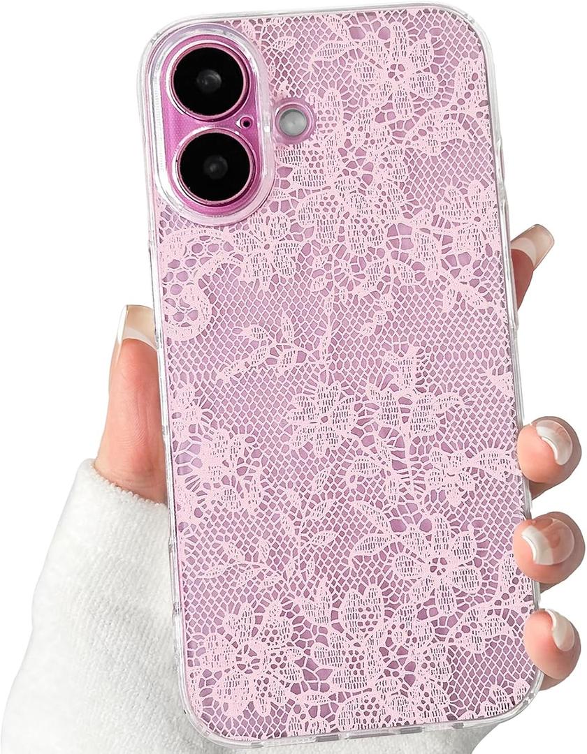 Lovmooful Compatible for iPhone 16 Plus Case Clear Cute Flower Floral Leaf with Romantic Lace Design for Girls Women Soft TPU Shockproof Protective Girly for iPhone 16 Plus Case-Pink