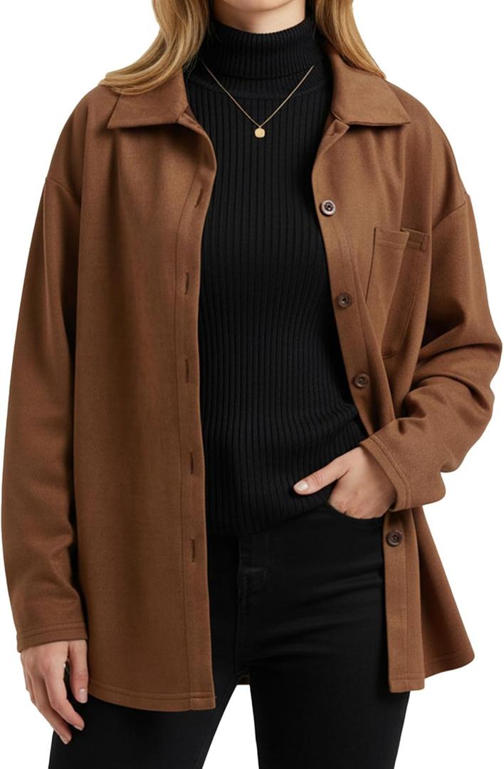 ENMAIN Faux Suede Shirt for Womens Button Down Long Sleeve Blouses Dressy Casual Fall Tops Fashion Clothes (XX-Large, Brown)