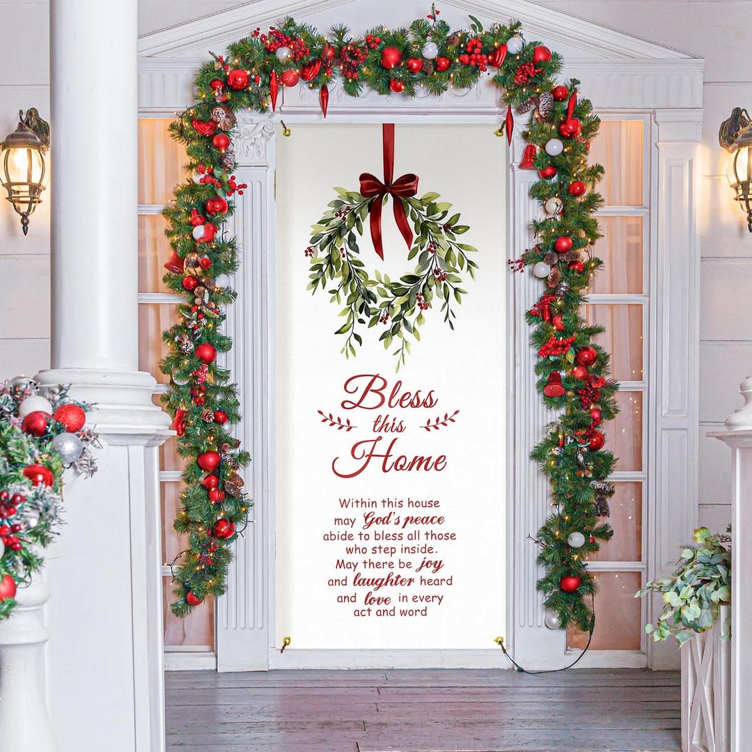 Christmas Door Cover Banner, Bless This Home Christian Xmas Wreath Door Decorations Doorway Curtains Backdrop Background for Indoor Outdoor Winter Holiday Party Decor, 35 * 79 Inch