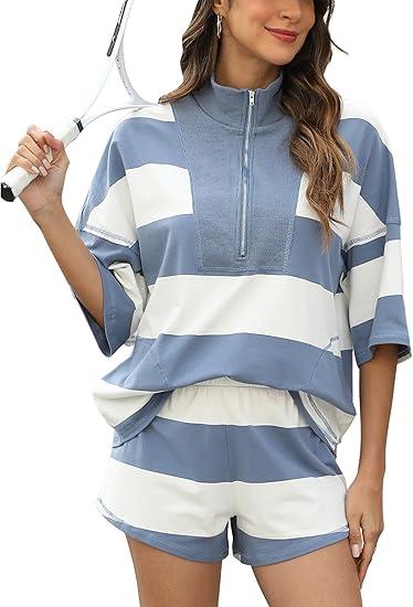 Women’s 2 Piece Striped Workout Set Oversized Zip Up Tee and Wide Leg Shorts Athletic Lounge Shirt and Shorts, Blue, L