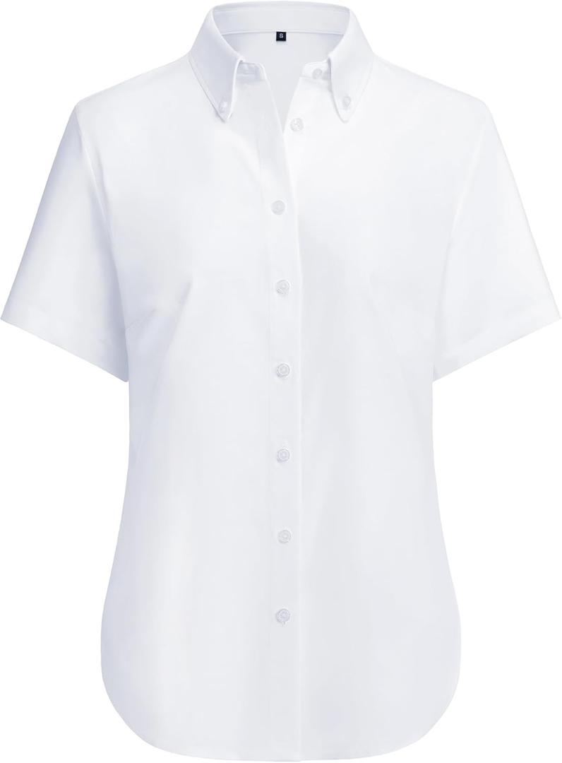 siliteelon Button Down Shirts Women Oxford Shirts Short Sleeve Wrinkle Free Dress Business Shirts Work Office Blouse (Medium, White)