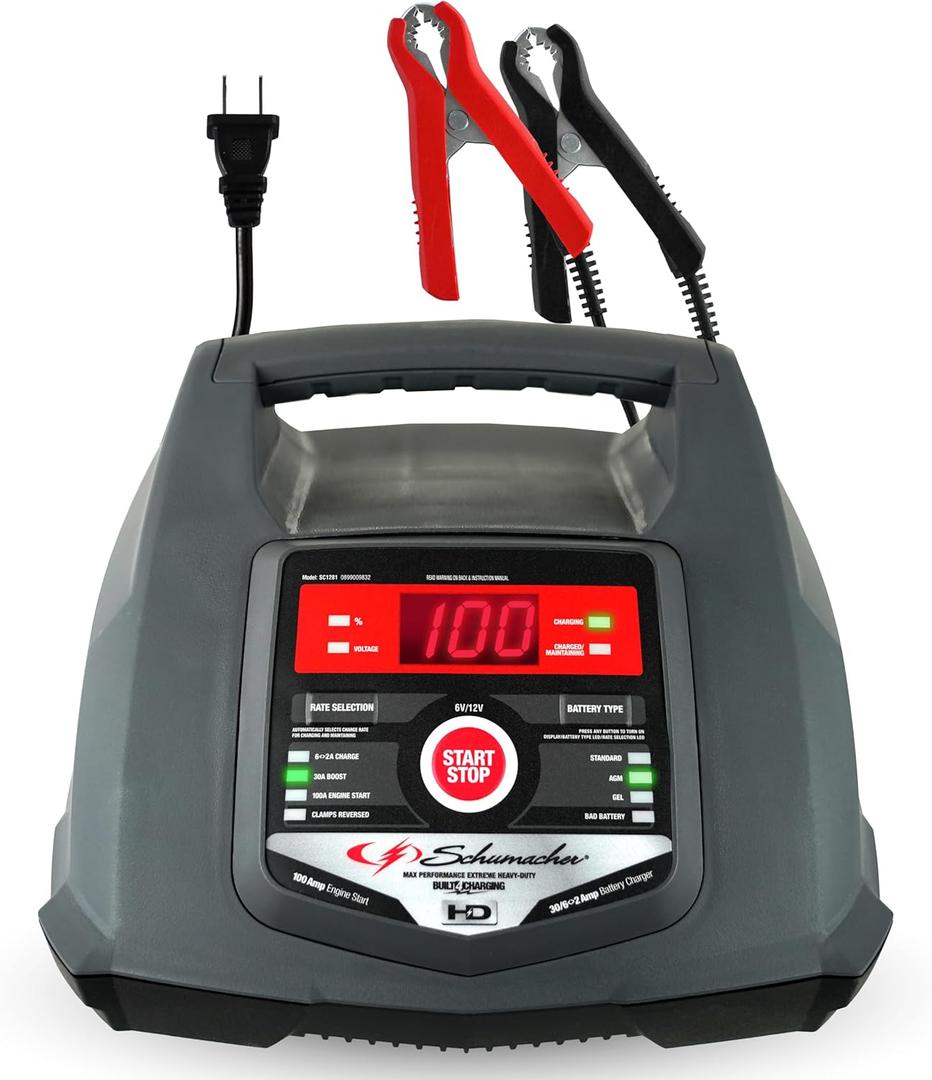 Schumacher Electric 6A Car Battery Charger and 100A Engine Starter, 5-in-1 Solution, Maintainer, 30A Boost, for 6V/12V Power Sport, Automotive, and Marine Batteries, SC1281 (Gray)