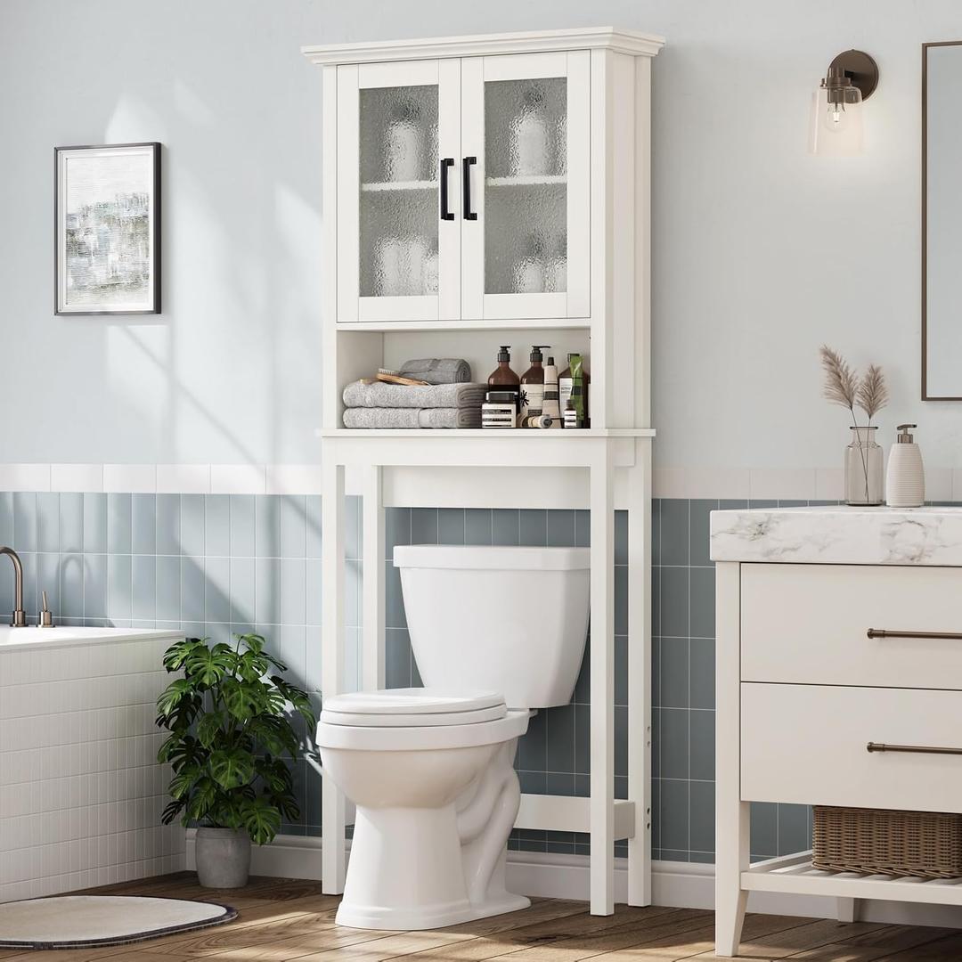 Over The Toilet Storage Cabinet, Over Toilet Bathroom Organizer with Doors and Adjustable Shelf, Thicken Frame Above Toilet Storage Cabinet Behind Toilet Bathroom Organizer, Cream White, 69.49'' H x 26.06'' W x 8.86'' D