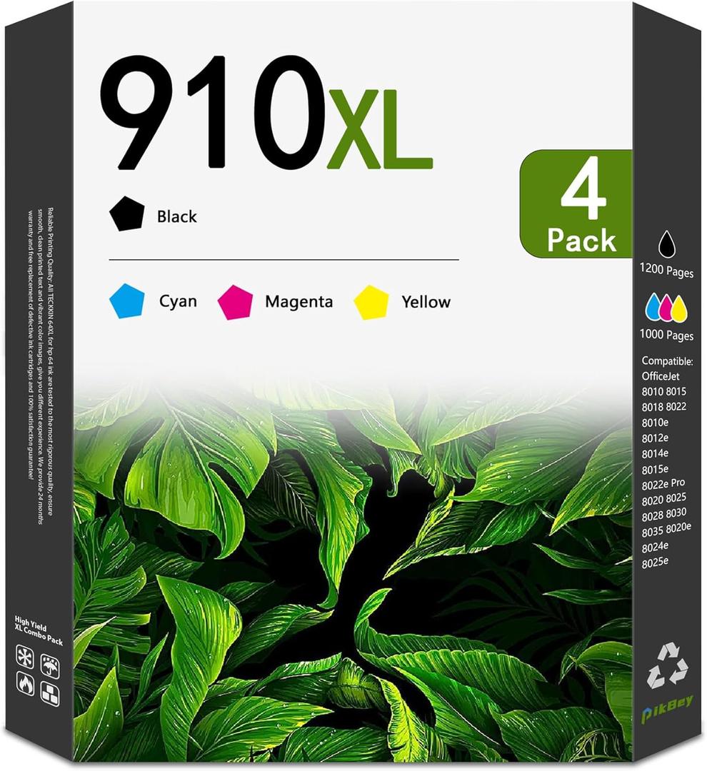 910XL High Yield Ink Cartridges Compatible 910XL Ink Cartridges Replacement for OfficeJet 8010 8015 8018 8022 Pro 8020 8025 8028 8030 8035 Printer (4-Pack, Black/Cyan/Magenta/Yellow)