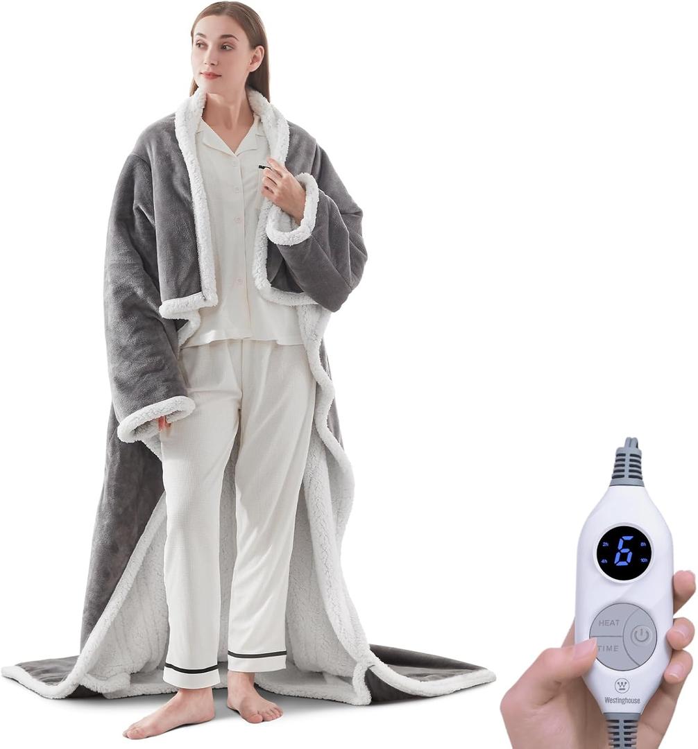 Westinghouse Electric Snuggle Throw Blankets with Foot Pocket, Wearable Heated Blanket with Sleeves, 6 Heating Levels & 2 to 10 Hours Heating Time Settings, 50 x 70"+18", Light Grey