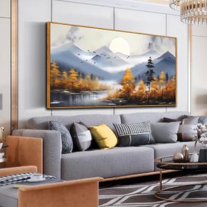 Landscape Framed Wall Art for Living Room, Mountain River Tree Canvas Print Painting for Bedroom, Gold and Gray Picture Artwork Decor, Large Size 59 x 29 Inche