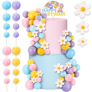63 Pcs Blue Dog Cake Toppers with Balls Cake Picks and Daisy Flowers for Birthday Decoration Groovy Pastel Cupcake Inserts Hippie Wedding Party Supplies(Happy Birthday 2th)