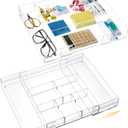 Briwooody 2 Pcs Acrylic Desk Drawer Organizer Maximum 12 x 18 x 2.1 Inch Expandable Drawer Organizer Trays with 8 Adjustable Compartments Desk Accessories for Makeup Silverware Office Bathroom