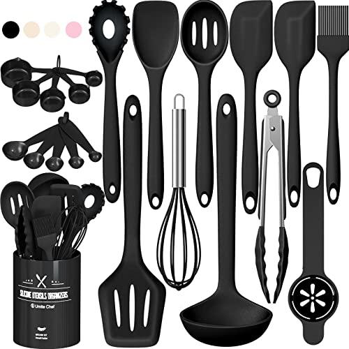 Umite Chef 22-Piece Silicone Cooking Utensils Set，Heat Resistant & Dishwasher Safe Kitchen Tools, Black Non-Scratch Spatula Set for Nonstick Cookware (Black)
