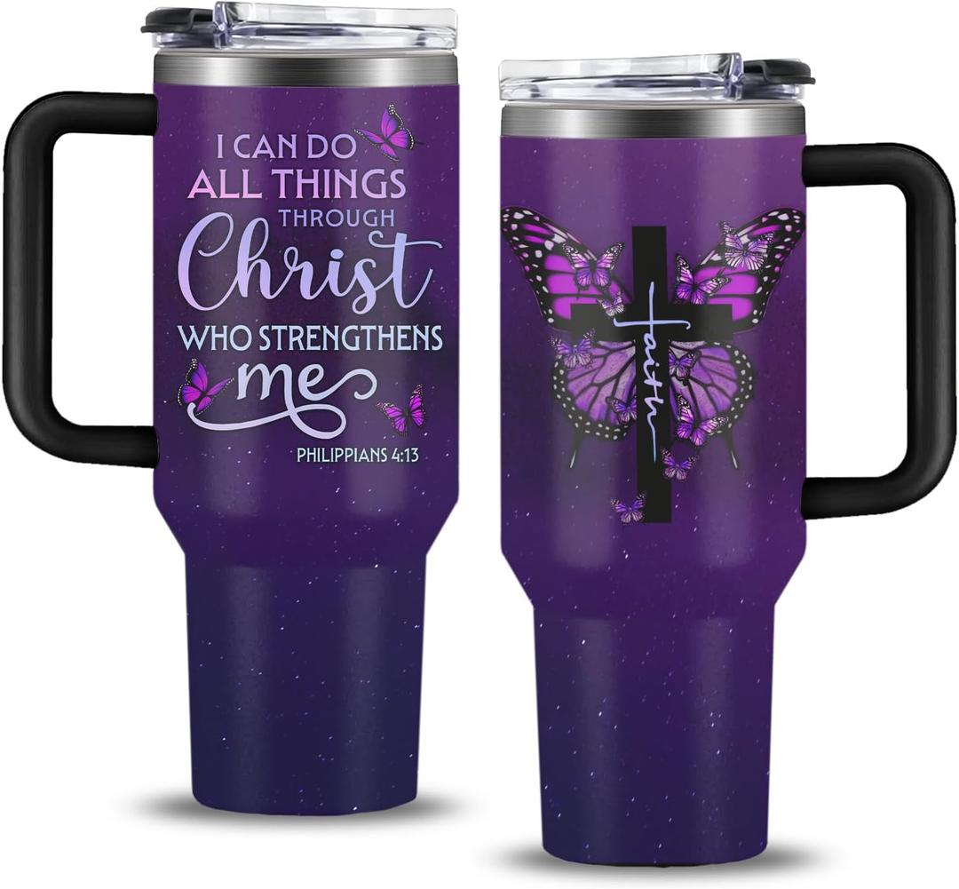 Christian Gifts for Women, 40 oz I Can Do All Things Christ Tumbler With Handle, Inspirational Religious Birthday Gifts for Faith Cup, Christian Jesus God Bible Verse Pastor Prayer Gift for Christmas