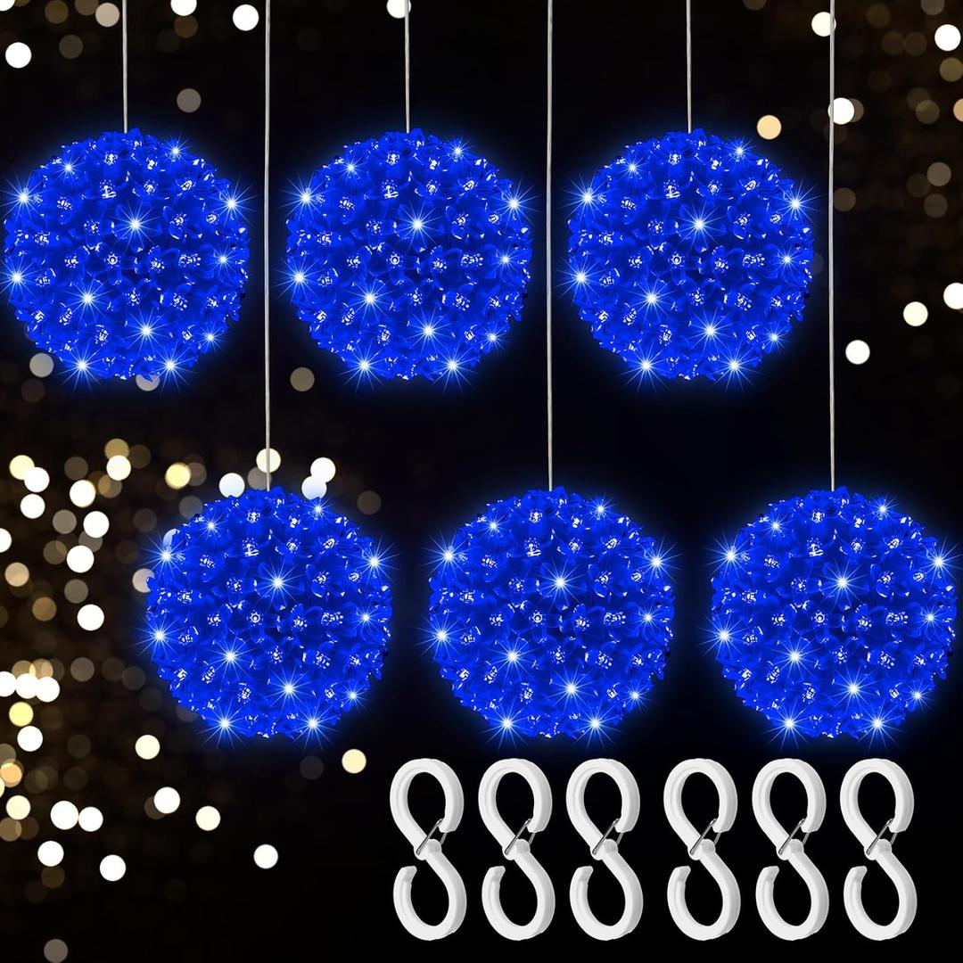 Baquler 6 Pcs Outdoor Christmas Balls Lights 5.5 Inch Christmas Starlight Sphere with 100 Bulbs Ornament Ball Light LED Hanging Globe Sphere Lights for Xmas Outdoor Party Yard Decoration(Blue)