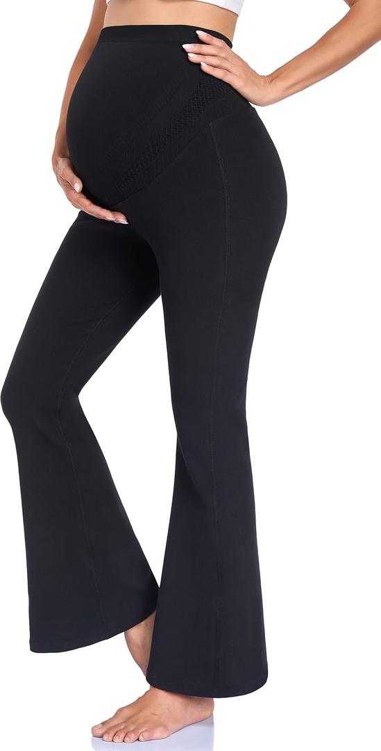 VIERROSS Cotton Maternity Flare Leggings Pregnancy Friendly Clothes Over the Belly Flared Pants for Yoga Casual Work Black M