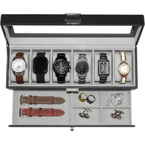 Watch Box for Men 6 Slot,Double Layer Mens Watch Case Display Organizer with Real Glass Top,Large Holder for 50mm Watches,PU Leather Jewelry Drawer Storage Valet Tray for Men,Black
