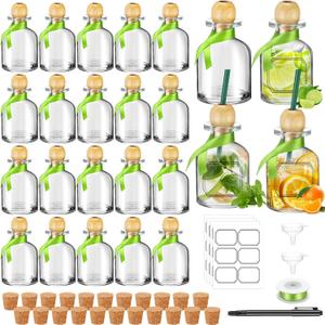 Hushee 24 Pcs Shot Glasses Patron Bottles with Cork Straw 3. 3 oz Mini Empty Bottles for Drinks Small Reusable Clear Glass Patron Shot Cups with Silk Ribbon Wedding Party Favors