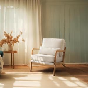 Bonnlo Coarse Linen Beige Mid Century Modern Accent Chair, Soild Wood Padding Lounge Armchairs Side Sitting Chairs for Living Room, Bedroom, Guest Room