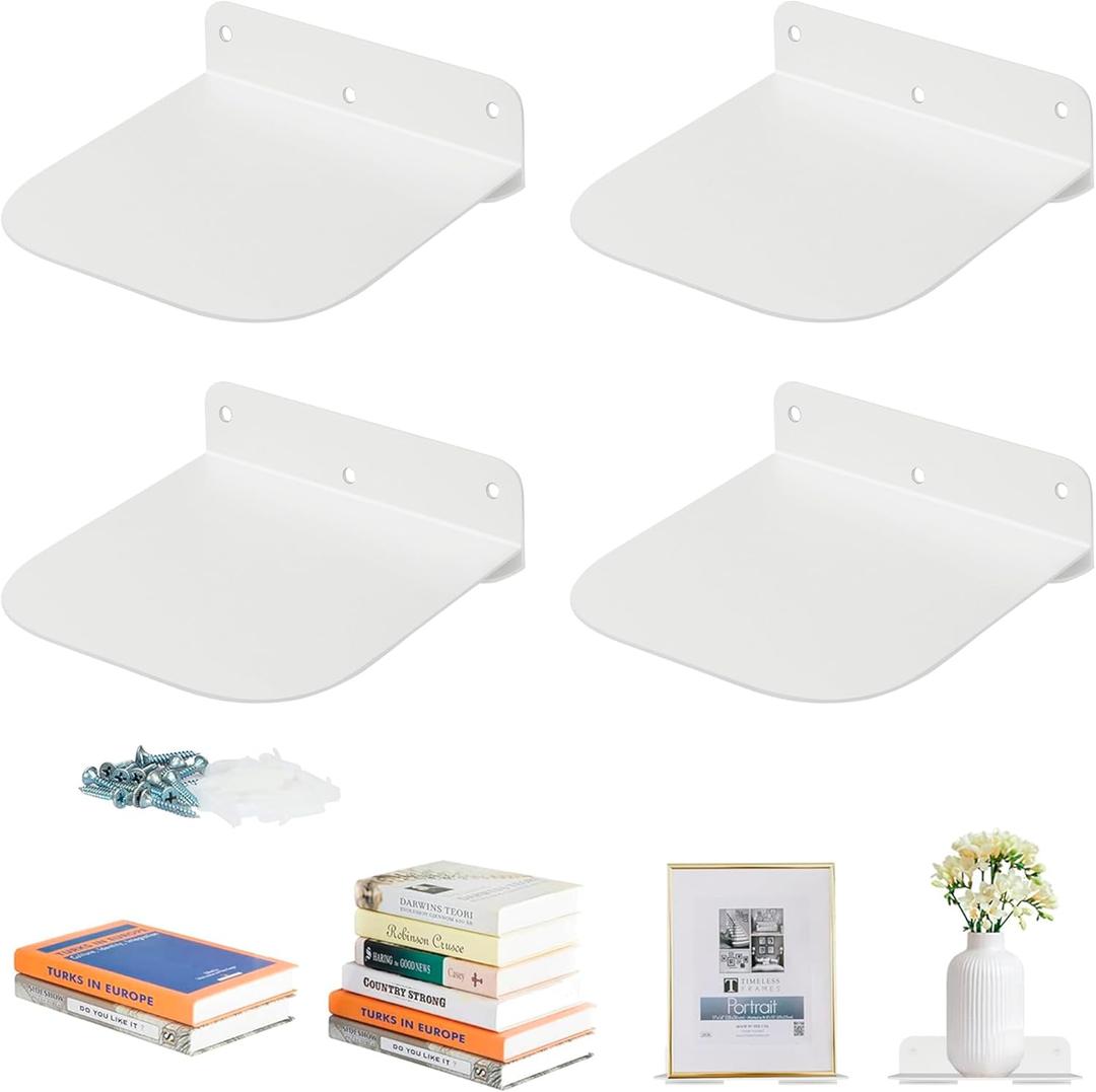 STORAGE MANIAC Floating Book Shelves for Wall Mounted Invisible Floating Bookshelves Heavy-Duty Steel Hidden Bookshelf Hanging Bookshelves for Bedroom Living Room Office, White 4-Pack