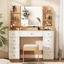 43" Makeup Vanity Desk with Mirror and Lights, & Power Outl, Glass Top Big Vanity Table with 9 Drawers& 8 Storage Shelves, Dressing Table Set with Chair for Bedroom, White+Oak (15.75D*43.31W*57.48H)