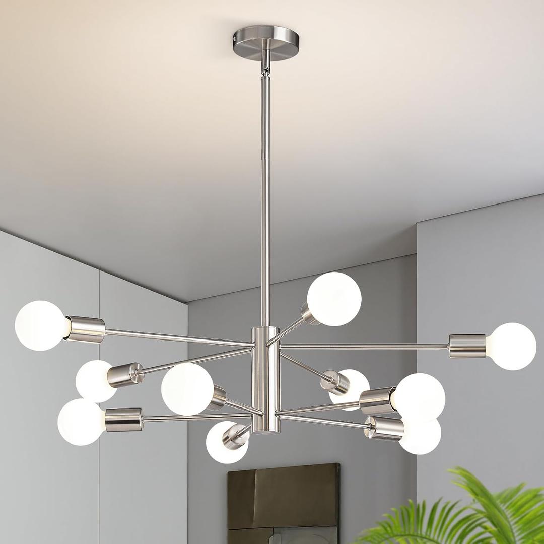 RUIYEY Modern Sputnik Chandeliers Light, 10 Lights Brushed Nickel Chandeliers for Dining Room, E26 Height Adjustable Chandelier Ceiling Lighting Fixture for Farmhouse Kitchen Island Living Room Foyer